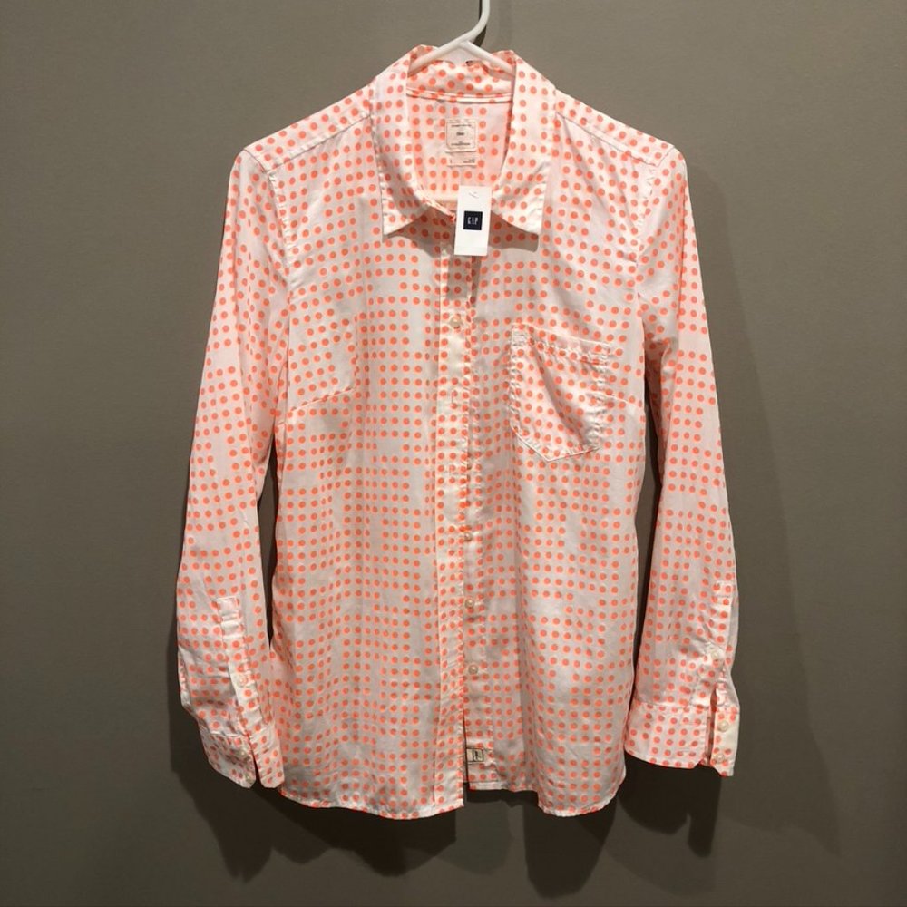 Gap Neon Orange Polka Dot Blouse